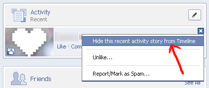 Note that it says ‘Hide’, not ‘Make private’ a screencap showing the 'Hide this recent activity from your timeline' option on a Like