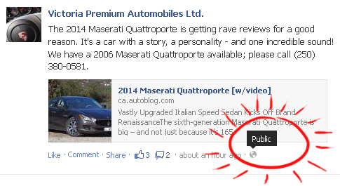 Make sure you’re comfortable with everyone knowing that you have something to say about VPA a screencap of a Facebook post by Victoria Premium Autos with the post's privacy highlighted