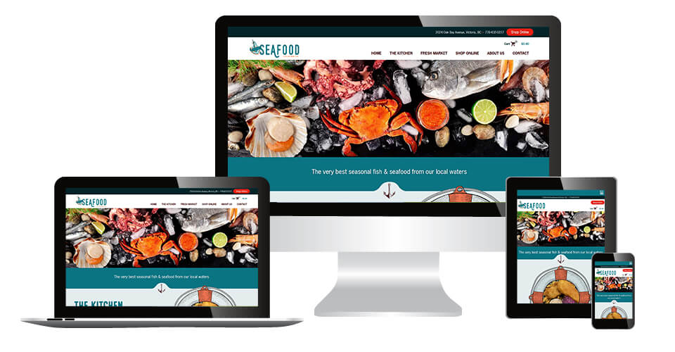 Oak Bay Seafood website displaying on multiple devices